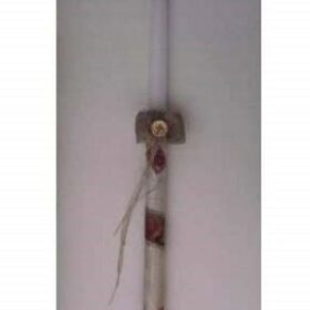 χειροποίητη ρετρό λαμπάδα κρακελέ με γραμματόσημα λινό φιόγκο ξύλινο κουμπί οικολογικό κουτί