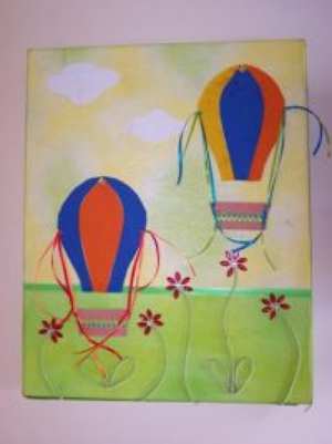 χειροποίητο παιδικό καδράκι αερόστατα συννεφάκια λουλούδια πολύχρωμες κορδέλες
