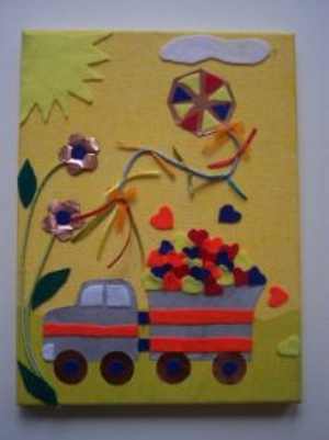 χειροποίητο παιδικό καδράκι φορτηγό με καρδίες στη καρότσα χαρταετός και λουλούδια μικτές τεχνικές μέταλλα χαλκός και αλουμίνιο τσόχα κορδόνια