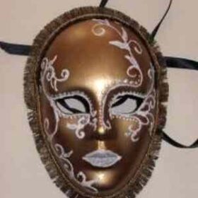 χειροποίητη διακοσμητική μάσκα βενετσιάνικη χρυσό αντικέ πρόσωπο με άσπρα ιριδιζέ σχέδια και χρυσό σιρίτι