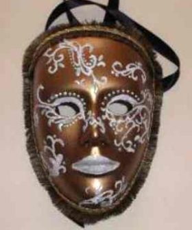 μάσκα βενετσιάνικη χειροποίητη χρυσό μπρούτζινο χρώμα άσπρα ανάγλυφα ιριδίζον σχέδια 20 Χ 13