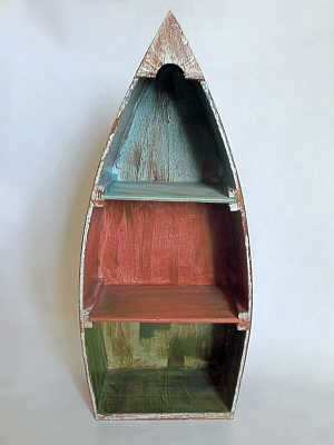 χειροποίητη ξύλινη βάρκα ράφια παλαίωση σε χρώματα γκρί πατίνα πράσινο μπορντό γαλάζιο