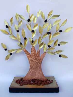 δέντρο ελιά μπρούτζος χαλκός σε βάση ημιπολύτιμες πέτρες χρυσόλιθου υγρό γυαλί