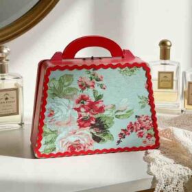 ξύλινο κουτί βαλιτσάκι φούξια κόκκινο μέντα φλοράλ