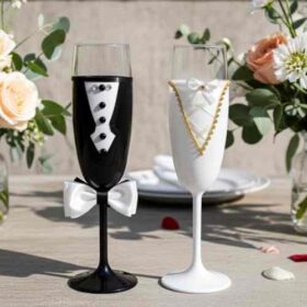 Ποτήρια σαμπάνιας νύφη γαμπρός σμόκιν
