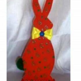 Χειροποίητος ξύλινος πορτοκαλί λαγός κίτρινο σατέν παπιγιόν κουμπί πράσινη φελτ μάλλινη ουρά