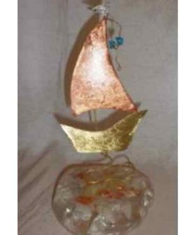 Καραβάκι χαλκός μπρούτζος βότσαλο υγρό γυαλί με κοχύλια και φύλλα χρυσού 20 Χ 11