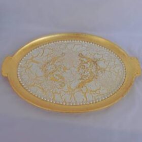 Χειροποίητος δίσκος σερβιρίσματος με φύλλα χρυσά κρακελέ ιβουάρ και πέρλες 44 Χ 31