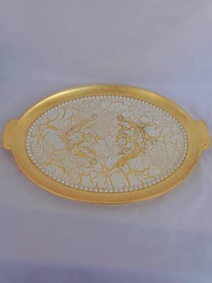 Χειροποίητος δίσκος σερβιρίσματος με φύλλα χρυσά κρακελέ ιβουάρ και πέρλες 44 Χ 31