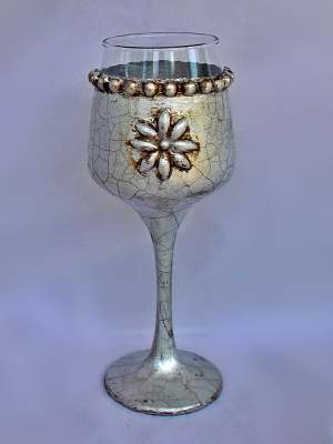 ποτήρι κρασιού με λουλούδι ασημί φύλλο ασημί κρακελέ 21 Χ 8
