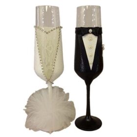 Σετ ποτήρια σαμπάνιας γάμου χειροποίητα νύφη με δαντέλα στρας γαμπρός παπιγιόν πέρλα