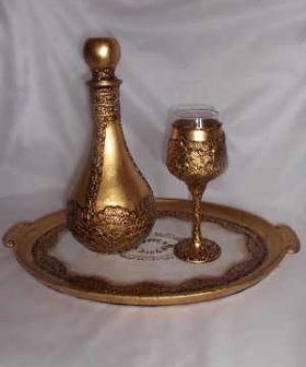 Σετ γάμου vintage οβάλ δίσκος ιβουάρ χρυσό καράφα ποτήρι κρασιού χρυσό ανάγλυφο