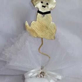 μπομπονιέρα μεταλλική σκυλάκι με στρας μούρα άσπρο κρυστάλλινα σατέν κορδέλα