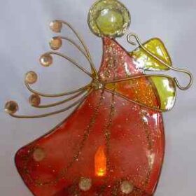 Χειροποίητο διακοσμητικό αγγελάκι από μέταλλο μπρούτζο υγρό γυαλί βιτρώ χρωματισμένο με σμάλτο στρας γυαλί 18 Χ 14 εκ.συνοδεύετε με ηλεκτρονικό ρεσώ