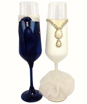 ποτήρια σαμπάνιας γάμου αρραβώνα μπλε ρουά πέρλα οβάλ
