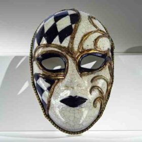 Μάσκα Βενετσιάνικη Άσπρο Μαύρο καρό κρακελέ χρυσά ανάγλυφα