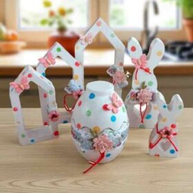 πασχαλινά αυγά λαγουδάκια πουά ροζ τριαντάφυλλα